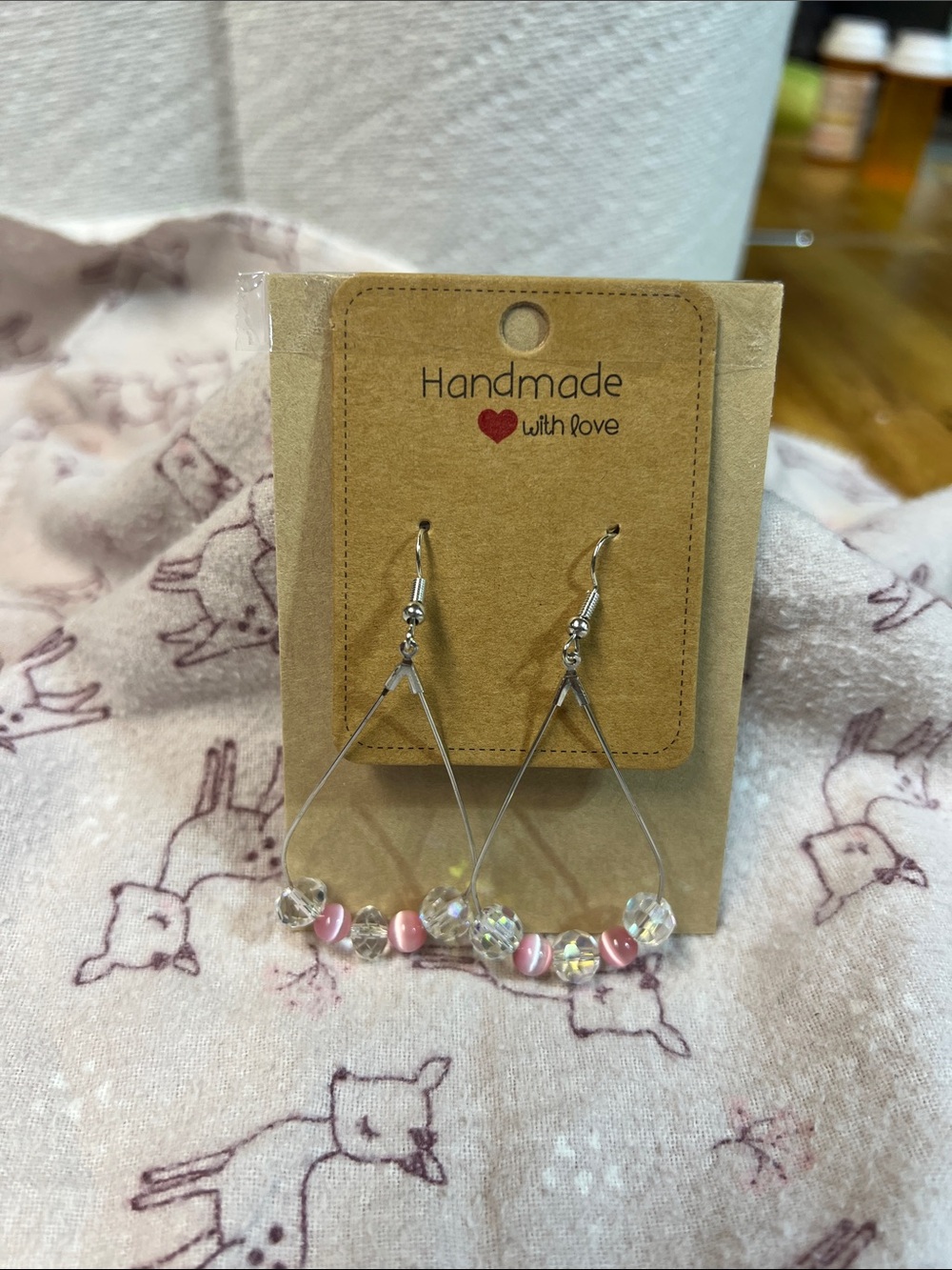 Handmade Pink Bead Silver Hoop Drop Earrings